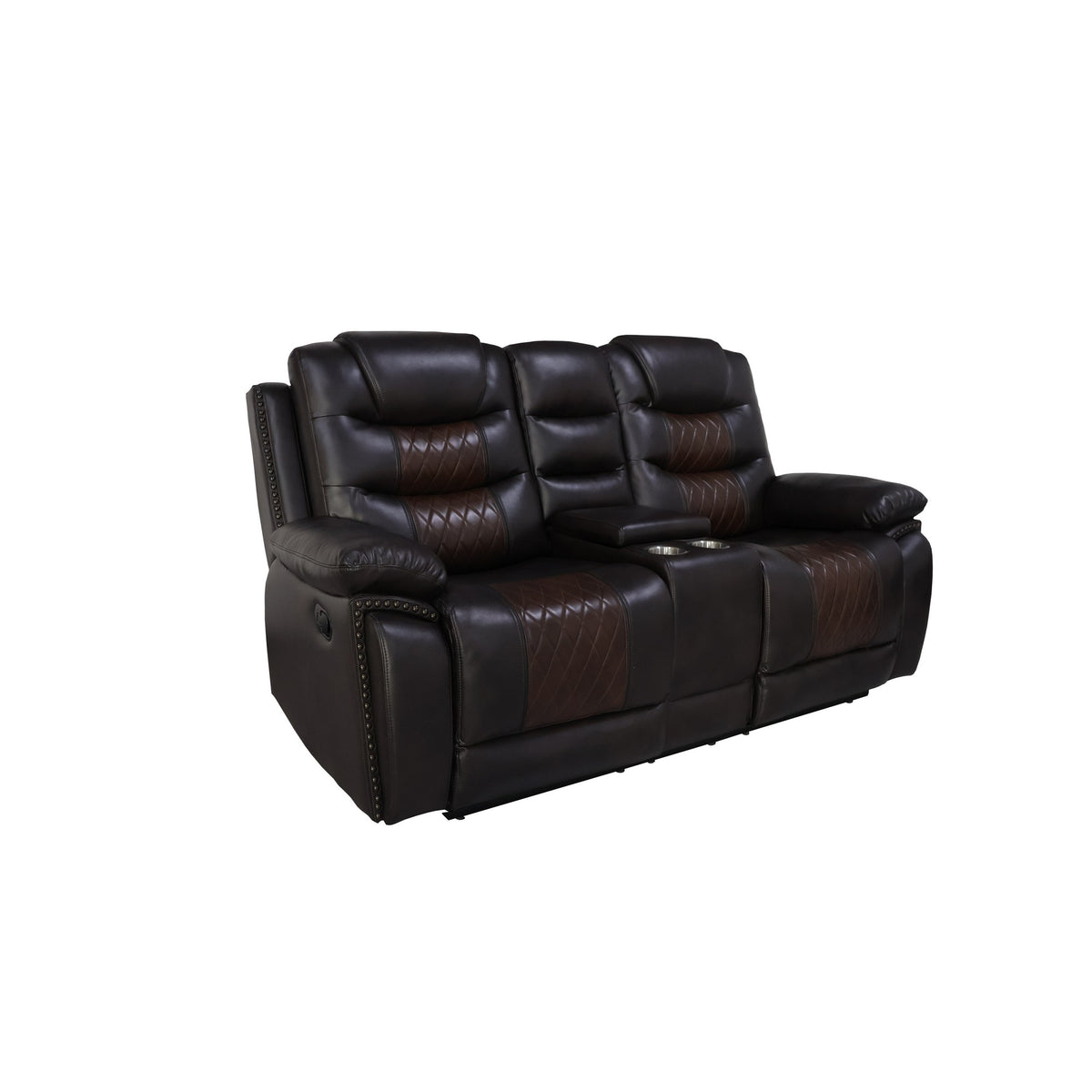 Asher 74 Inch Loveseat With Dual Recliners, Console, Brown Faux Leather