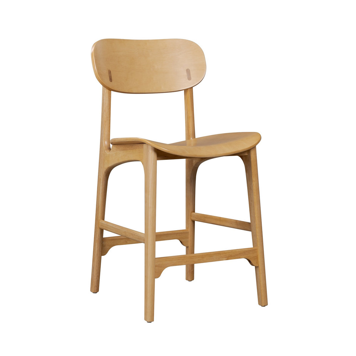 Seln 24 Inch Counter Stool Chair, Curved Seat, Open Back, Light Brown Wood