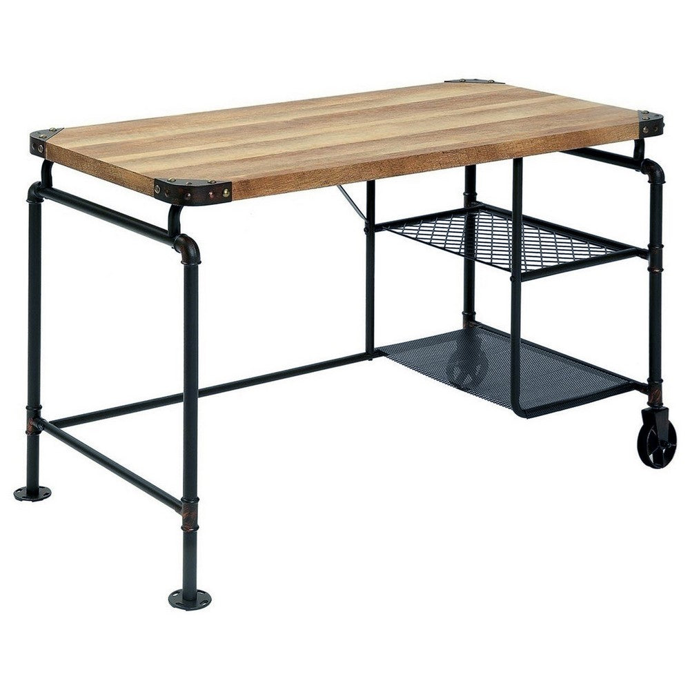 47 Inch Writing Desk, Industrial Caster Wheel, Black Metal, Brown Wood