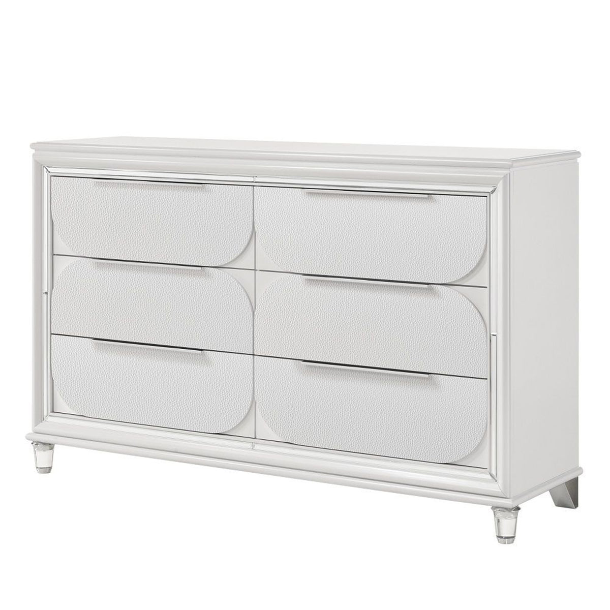 Rara 64 Inch Wide Dresser, 6 Drawers, Mirror Trim, Acrylic Legs, White