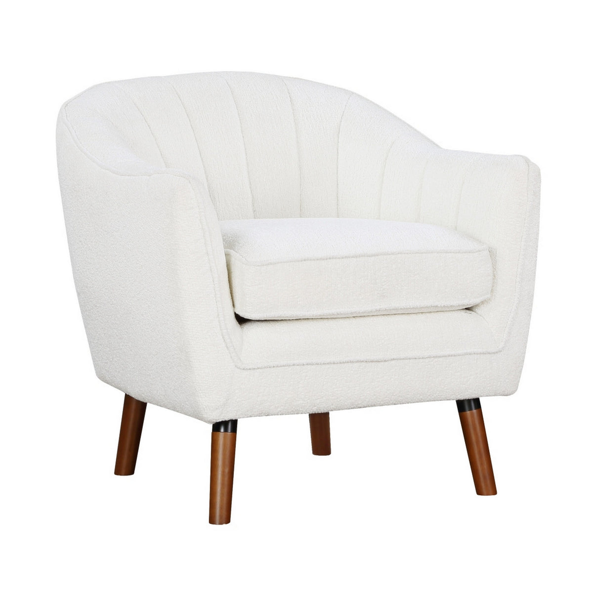 Tia 31 Inch Plush Accent Chair Armchair, White Polyester, Brown Solid Wood