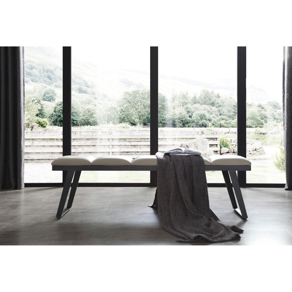 Ethan Bench Light Grey Faux Leather With Steel Sanded Black Coated Base