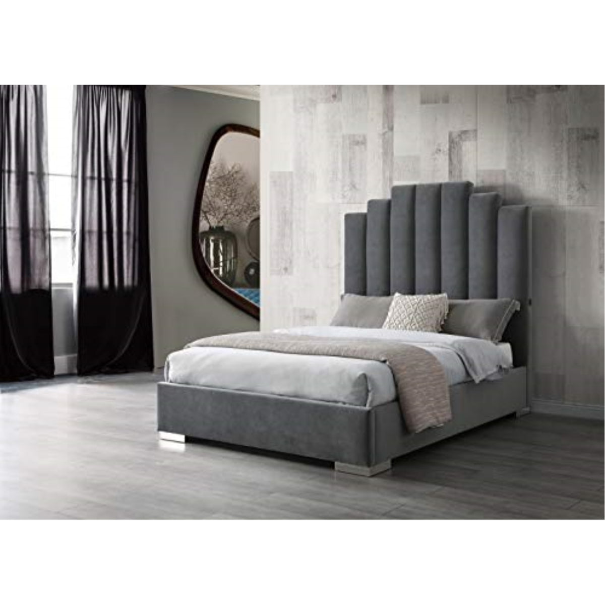 Jordan Queen Bed , Fully Upholstered Grey 100% Velvet Fabric, Double Usb In Headboard, Chrome Legs