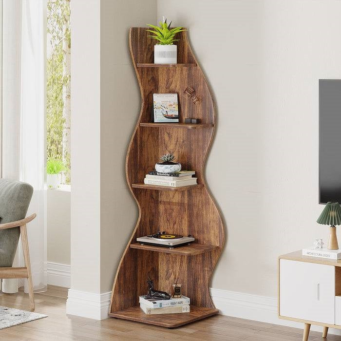 Modern Wave Shape 5 Shelf Corner Bookcase in Brown Wood Finish