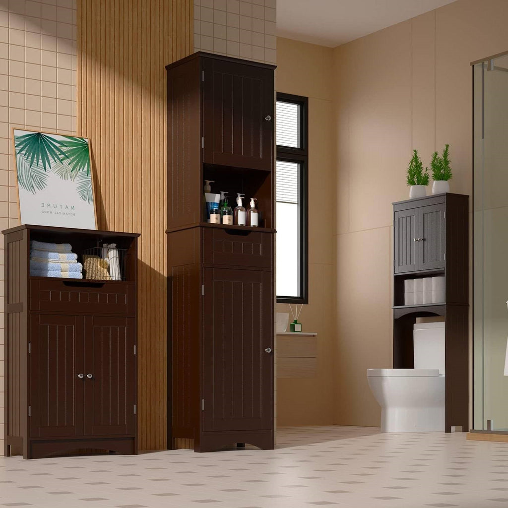 Dark Brown Bathroom Linen Cabinet Tower with 2 Doors Storage Drawer and Shelf