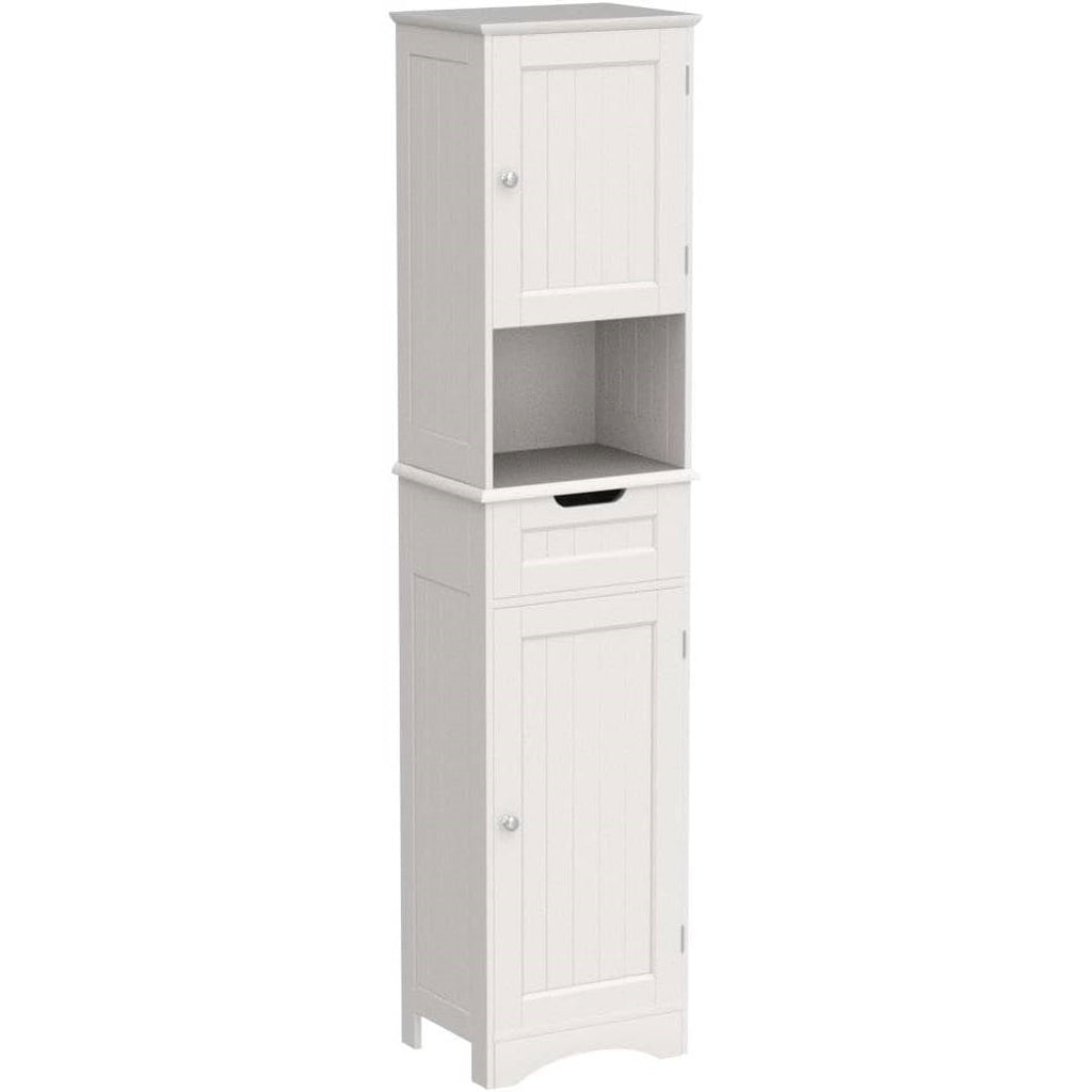 White Bathroom Linen Cabinet Tower with 2 Doors Storage Drawer and Shelf