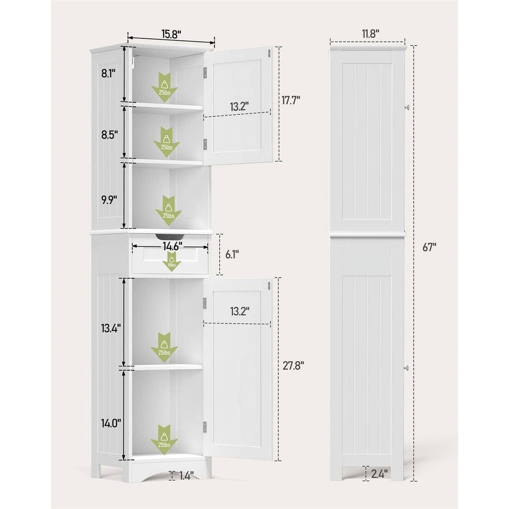 White Bathroom Linen Cabinet Tower with 2 Doors Storage Drawer and Shelf