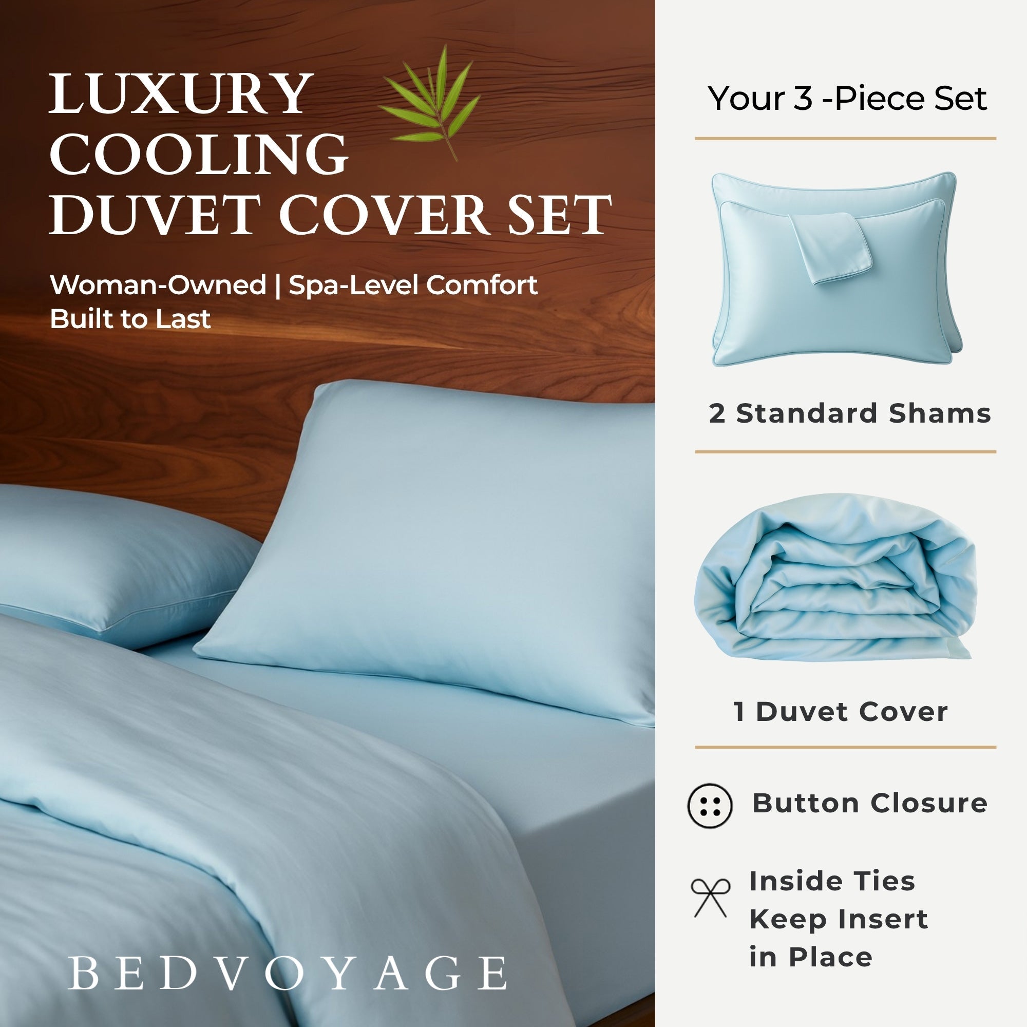 Bamboo Duvet Cover Set - 100% Viscose from Bamboo - 3pc - Sky