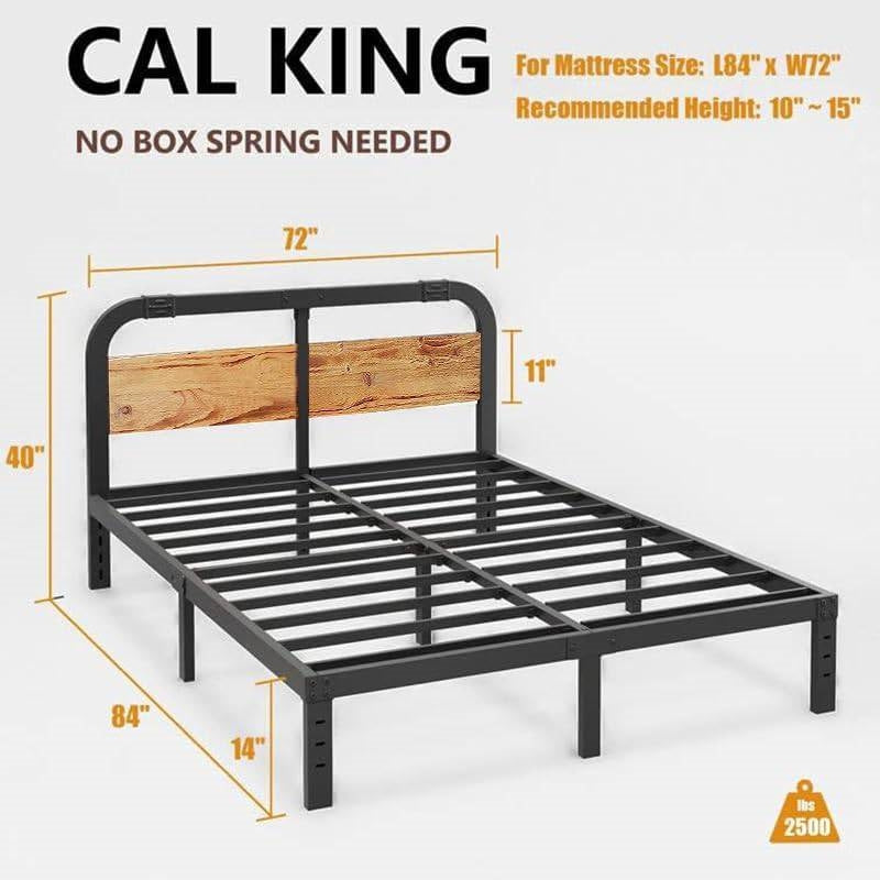 California King Heavy Duty Black Metal Bed Frame with Wood Panel Headboard