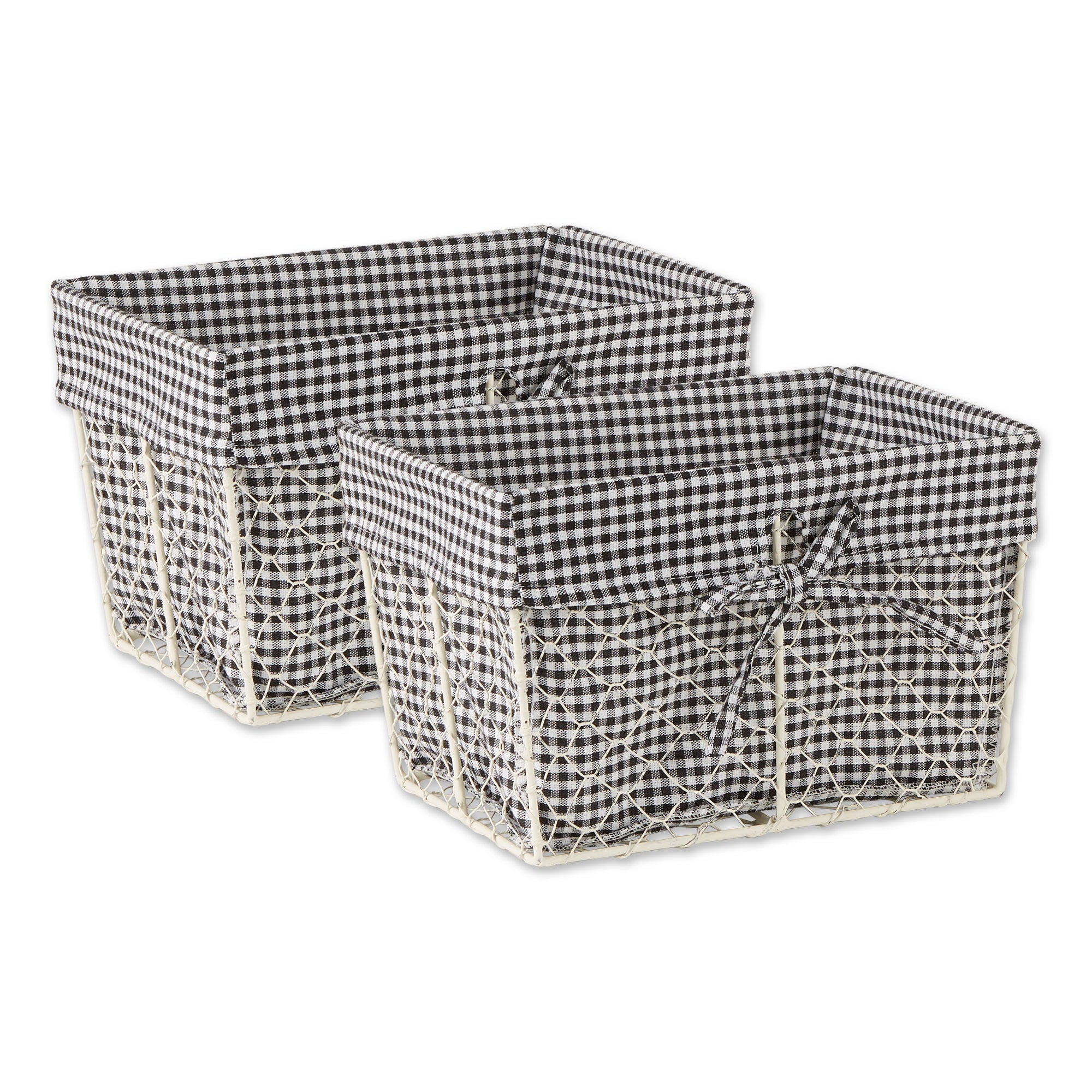MEDIUM ANTIQUE WHITE CHICKEN WIRE BLACK & WHITE GINGHAM CHECK LINER BASKET SET/2