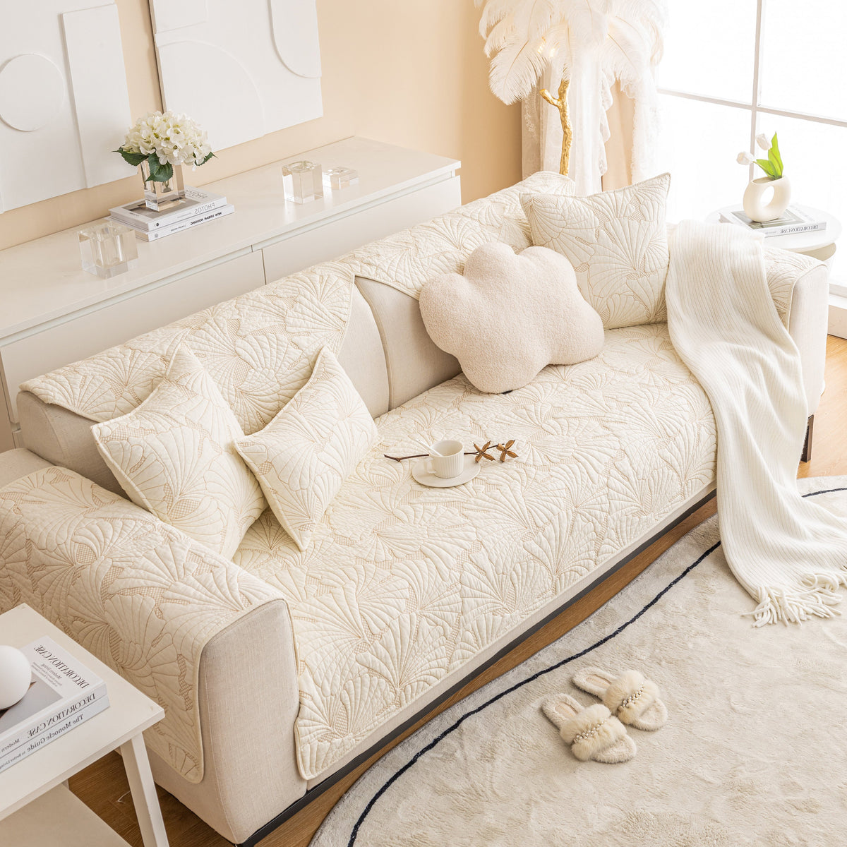 Embossed Leaf Cotton Quilted Sofa Cover Non-Slip Couch Protector with Thick Padding
