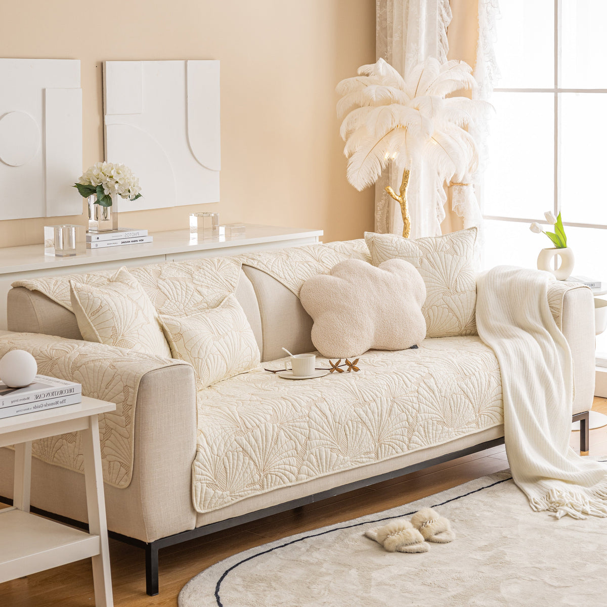 Embossed Leaf Cotton Quilted Sofa Cover Non-Slip Couch Protector with Thick Padding