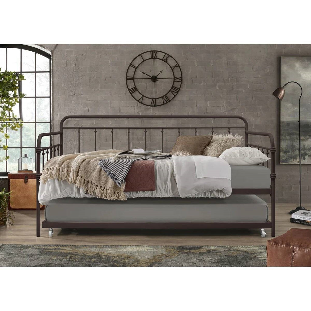 Twin size Rounded Iron Daybed with Roll Out Trundle Bed Frame in Copper Brown