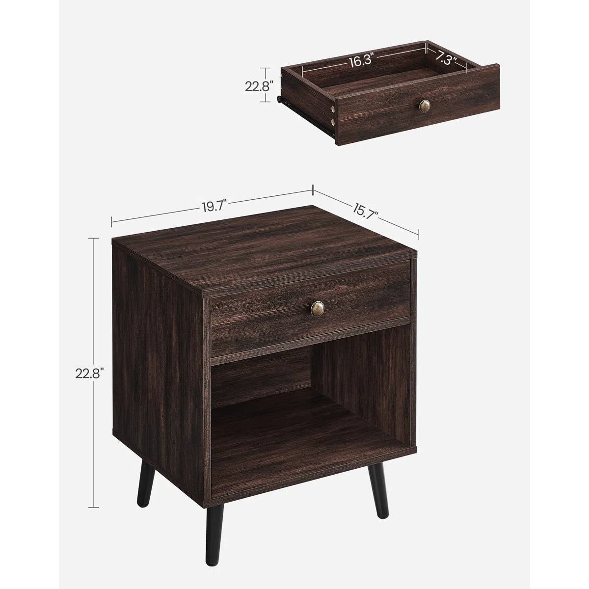 Mid-Century Modern 1-Drawer Nightstand End Table in Dark Brown Wood Finish
