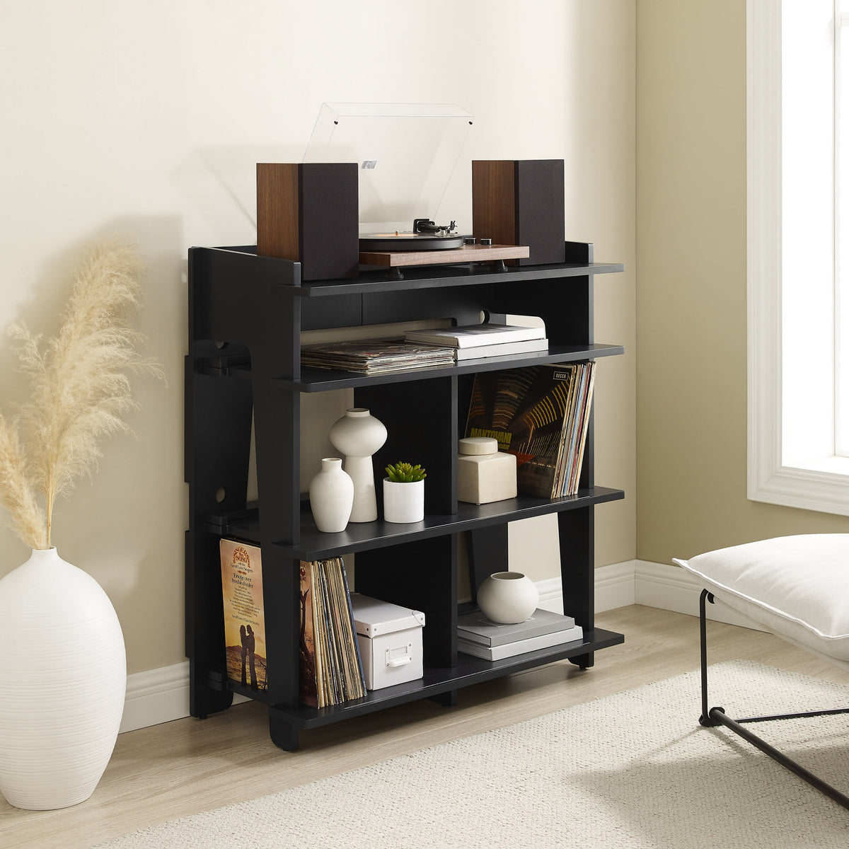 Ergode Soho Record Storage Console  Turntable Stand With Cable Management, 4 Shelves For 400 Records, Stylish Design For Audiop