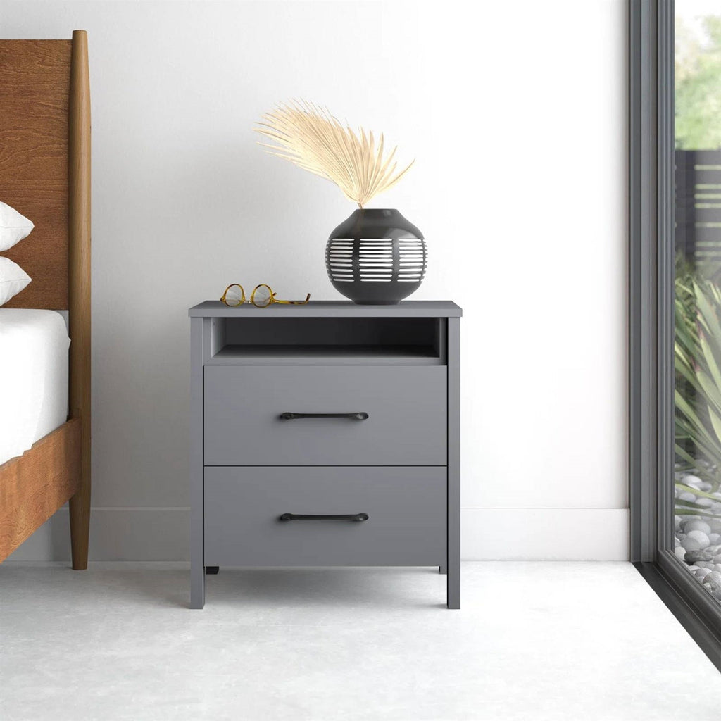 Modern 2-Drawer Bedside Table Nightstand with Open Shelf in Grey Wood Finish