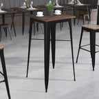 23.5 Square Black Metal Indoor Bar Height Table with Walnut Rustic Wood Top