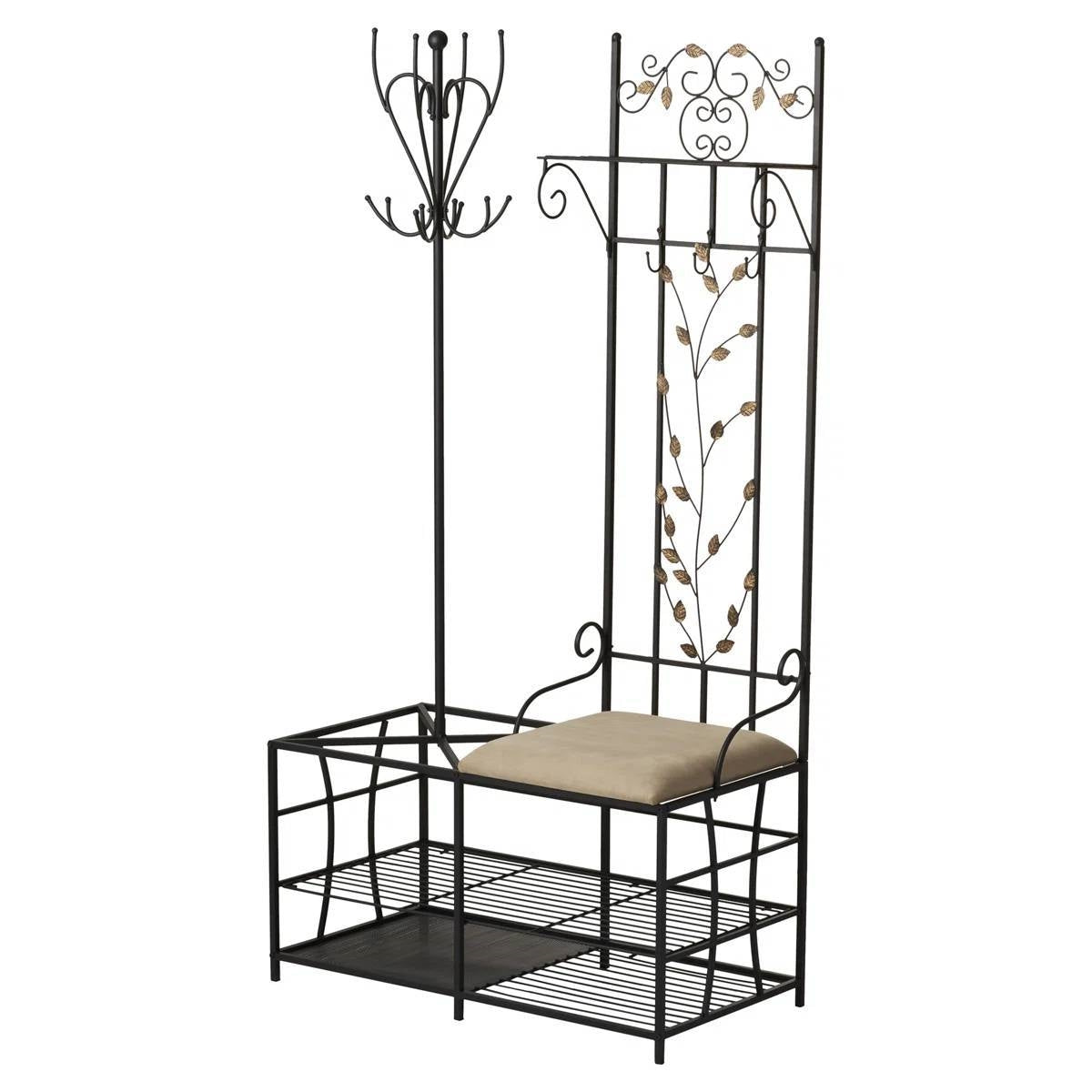 Entryway Hall Tree Coat Rack Storage Bench with Scrolling Leaves Scrollwork