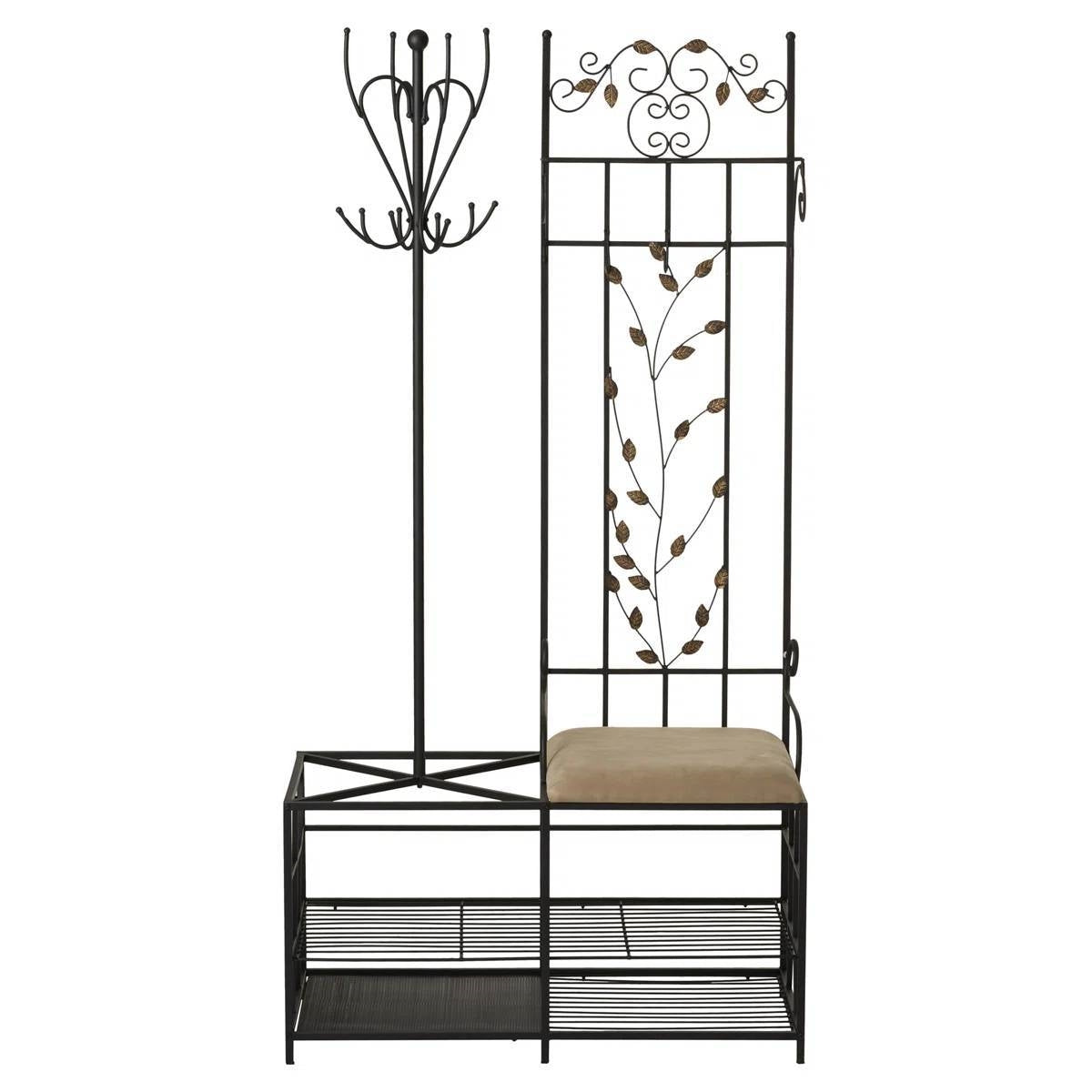 Entryway Hall Tree Coat Rack Storage Bench with Scrolling Leaves Scrollwork
