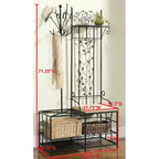 Entryway Hall Tree Coat Rack Storage Bench with Scrolling Leaves Scrollwork