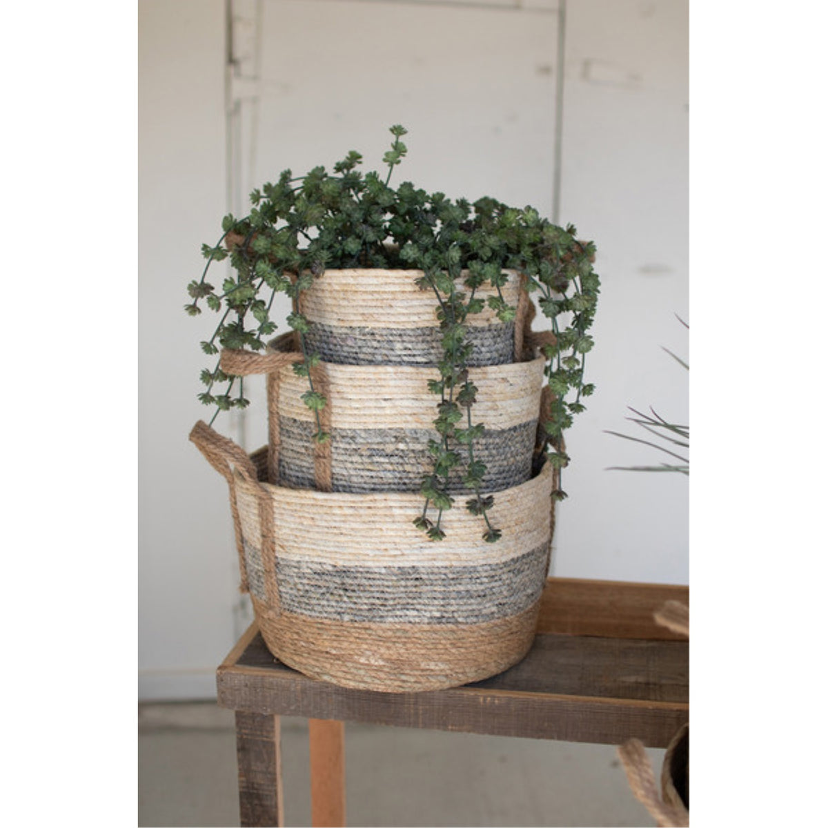 Set Of Three Round Rush Baskets  Grey