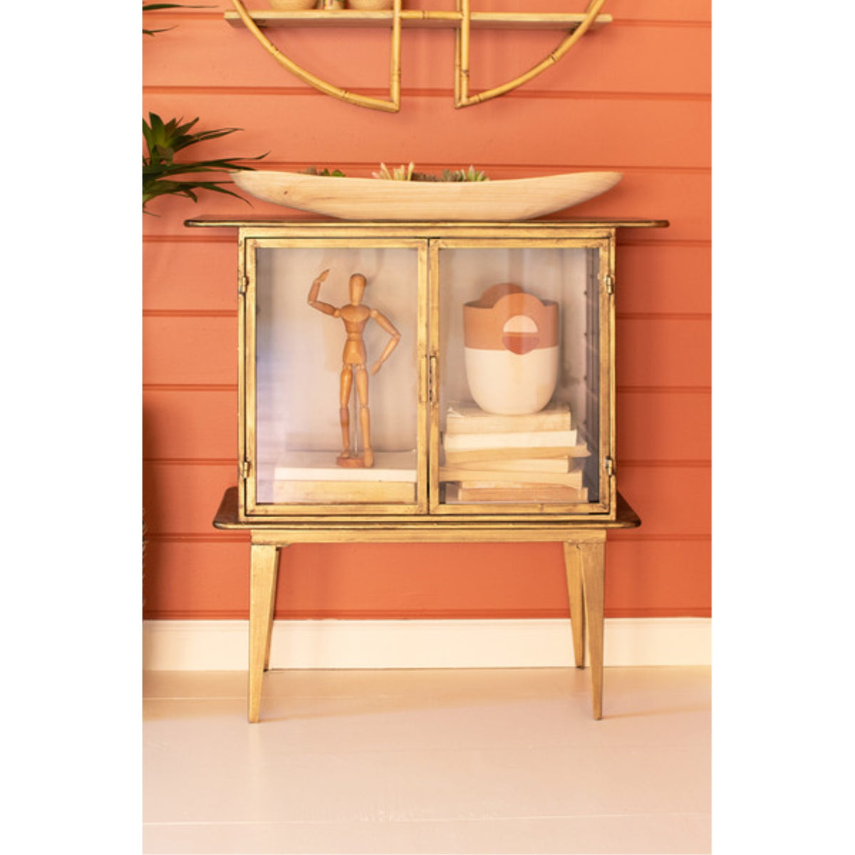 ANTIQUE BRASS AND GLASS TWO DOOR CABINET