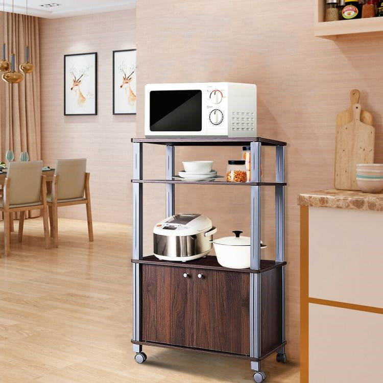 Modern 3-Shelf Kitchen Baker’s Rack Cart on Wheels in Brown Wood Finish