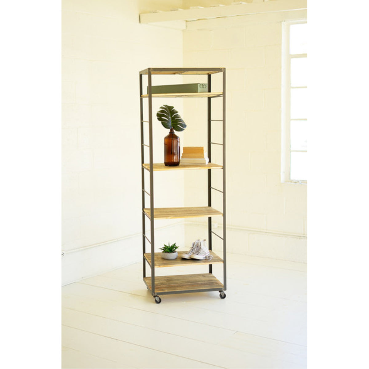 Tall Shelving Unit With Adjustable Recycled Wood Shelves