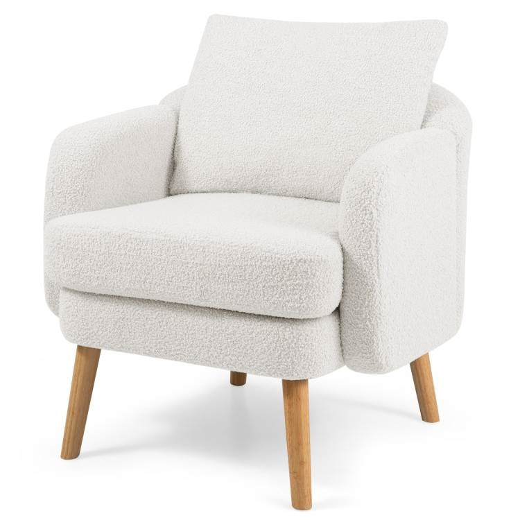 Modern White Sherpa Upholstered Accent Chair with Wooden Legs