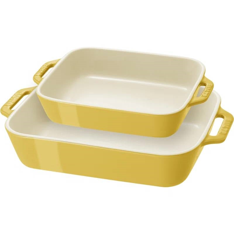 2 Piece Ceramic Stoneware Bakeware Casserole Baking Dish Set in Yellow / Ivory