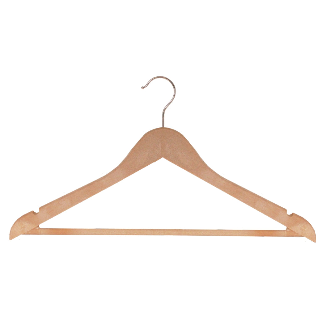 Bowed Suit Hangers with Pant Bar & Shoulder Notch, Natural Wood-Look Finish