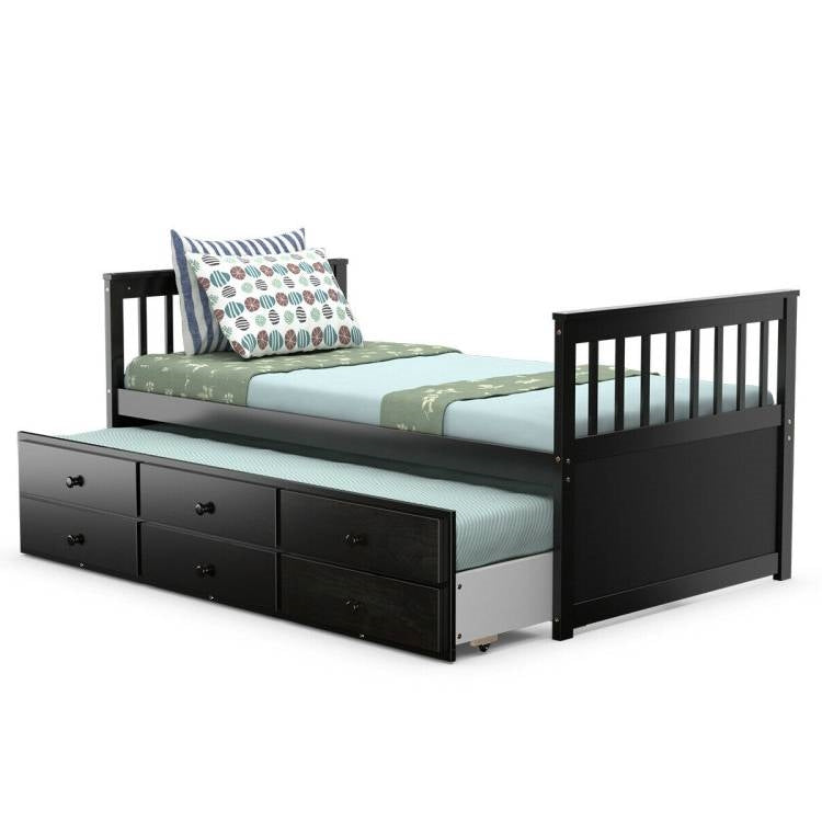 Twin Captains Bed with Pull Out Trundle and 3 Storage Drawers - Dark Brown Mocha