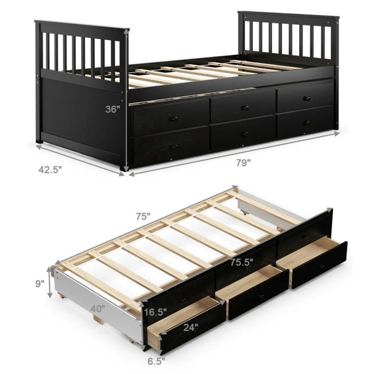 Twin Captains Bed with Pull Out Trundle and 3 Storage Drawers - Dark Brown Mocha