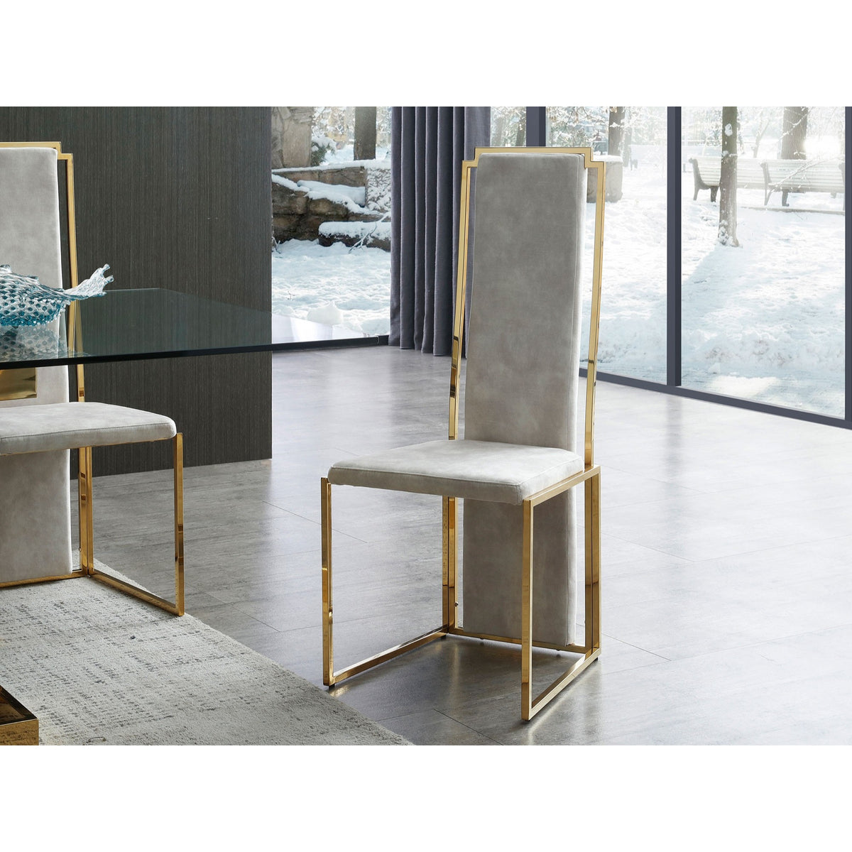 Sumo Dining Chair, Natural Adore Beige Fabric, Polished Gold Stainless Steel Frame.