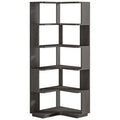 Multifunctional 6 Shelf Corner L-Shaped Bookcase in Dark Grey Wood Finish