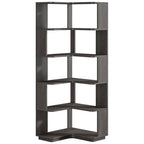 Multifunctional 6 Shelf Corner L-Shaped Bookcase in Dark Grey Wood Finish