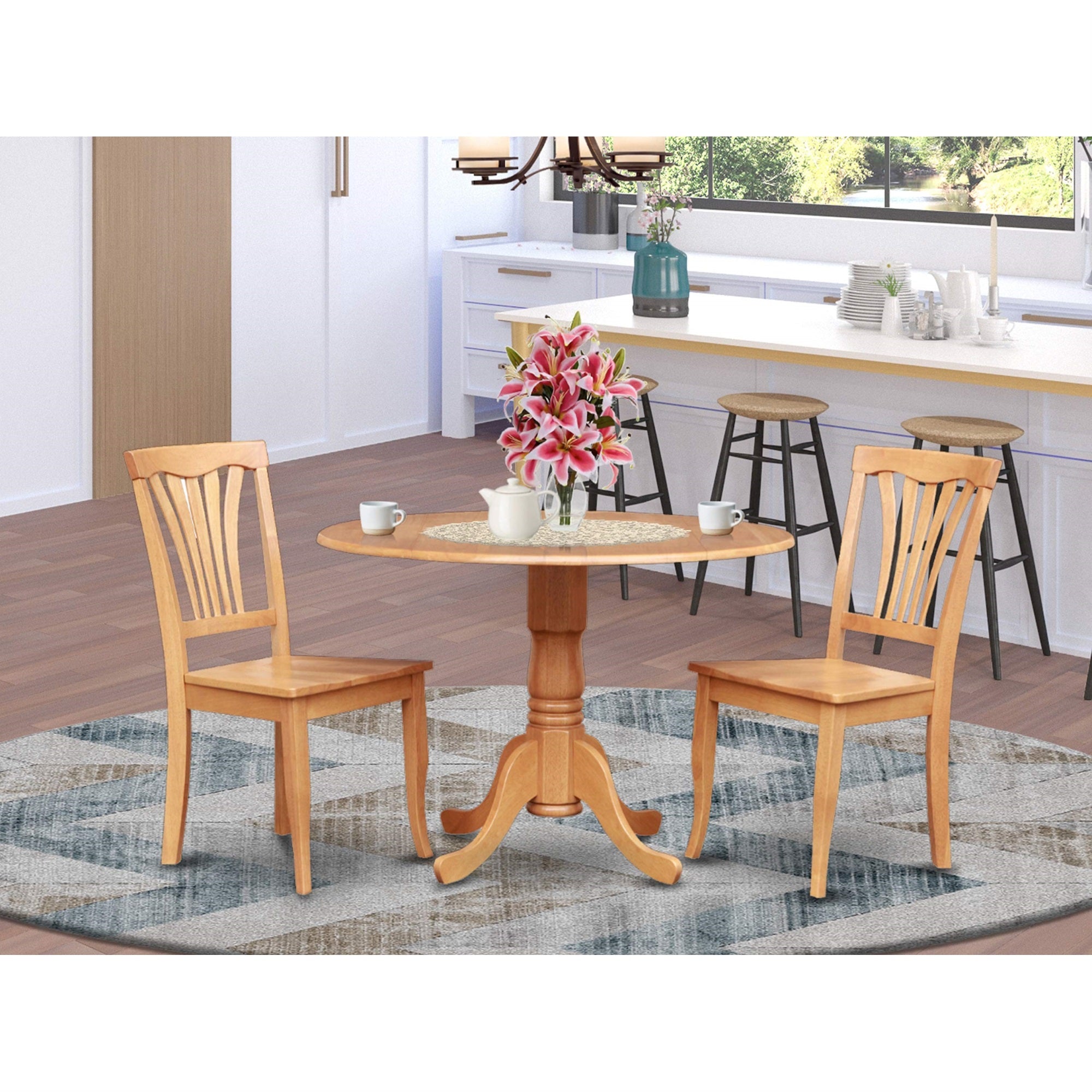 East West Furniture DLAV3-OAK-W 3 Piece Dining Room Furniture Set Contains a Round Kitchen Table with Dropleaf and 2 Dining Chairs, 42x42 Inch, Oak