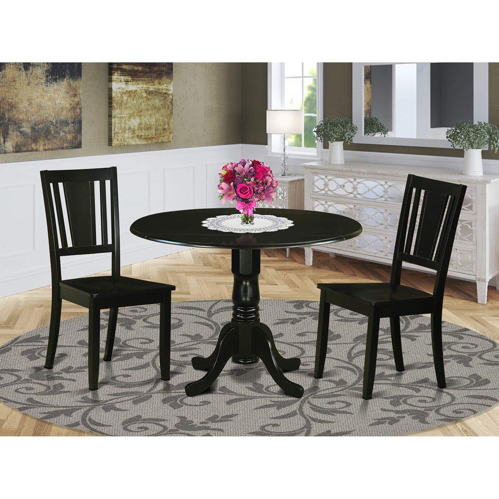 East West Furniture DLDU3-BLK-W 3 Piece Kitchen Table Set for Small Spaces Contains a Round Dining Room Table with Dropleaf and 2 Solid Wood Seat Chairs, 42x42 Inch, Black