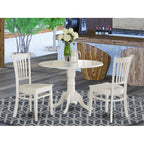 East West Furniture DLGR3-WHI-W 3 Piece Dining Table Set for Small Spaces Contains a Round Dining Room Table with Dropleaf and 2 Wood Seat Chairs, 42x42 Inch, Linen White