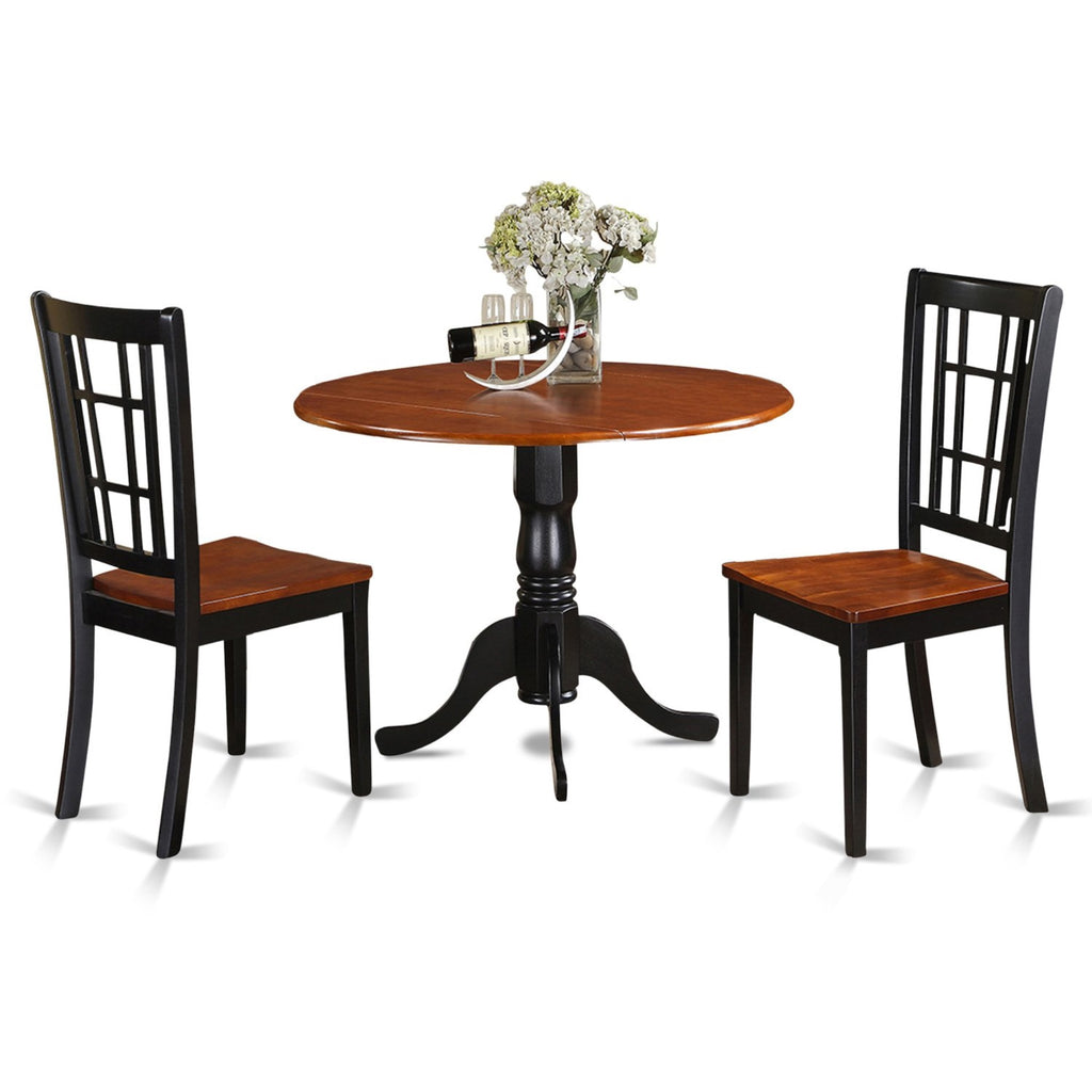 East West Furniture DLNI3-BCH-W 3 Piece Dining Set Contains a Round Dining Room Table with Dropleaf and 2 Kitchen Chairs, 42x42 Inch, Black & Cherry