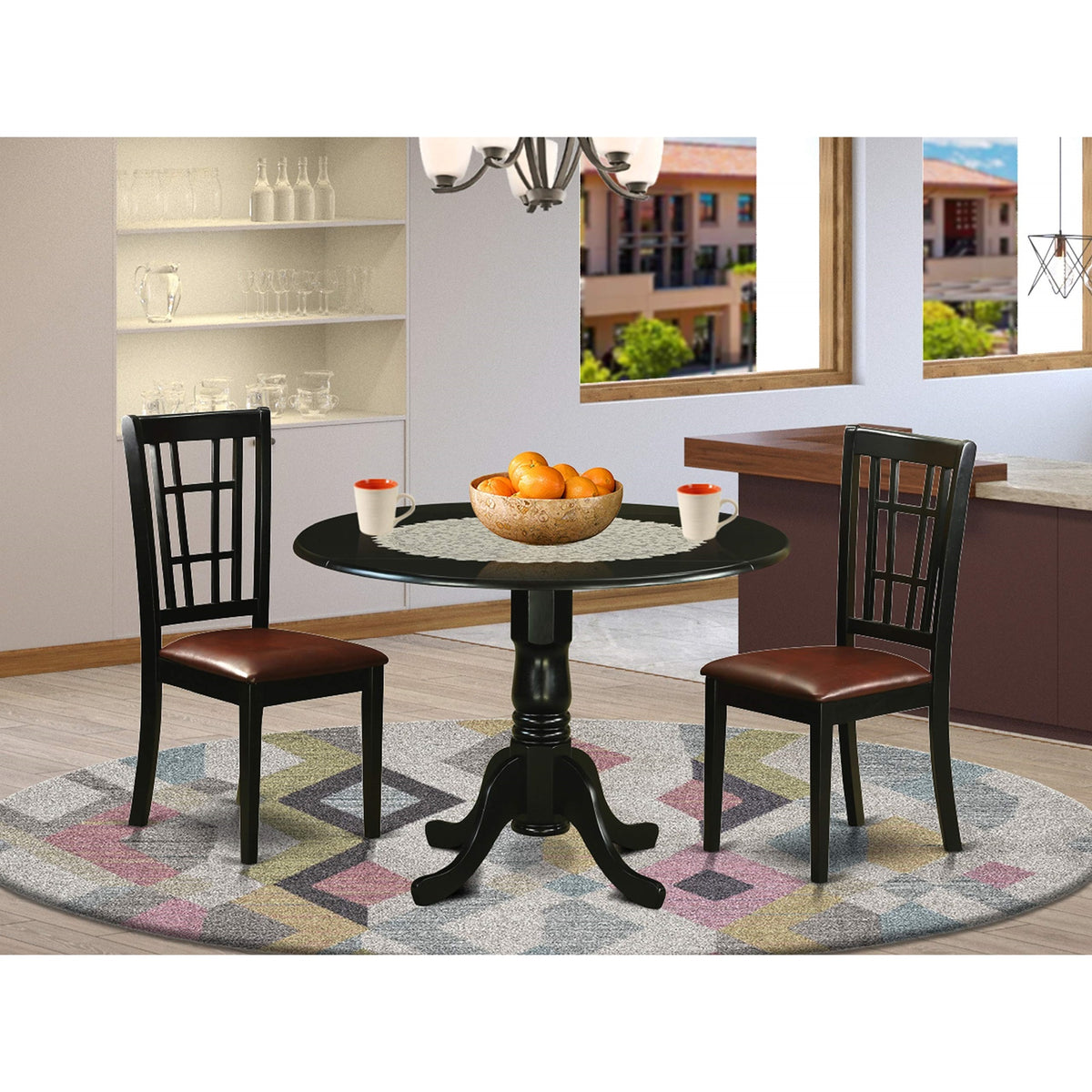 East West Furniture DLNI3-BLK-LC 3 Piece Dining Table Set for Small Spaces Contains a Round Dining Room Table with Dropleaf and 2 Faux Leather Upholstered Chairs, 42x42 Inch, Black