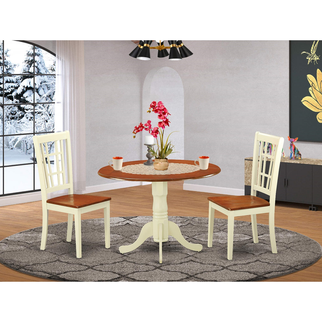 East West Furniture DLNI3-BMK-W 3 Piece Dining Room Furniture Set Contains a Round Kitchen Table with Dropleaf and 2 Dining Chairs, 42x42 Inch, Buttermilk & Cherry