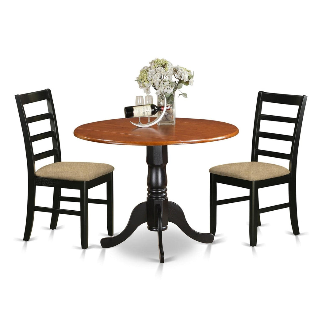 East West Furniture DLPF3-BCH-C 3 Piece Dining Set Contains a Round Dining Room Table with Dropleaf and 2 Linen Fabric Upholstered Kitchen Chairs, 42x42 Inch, Black & Cherry