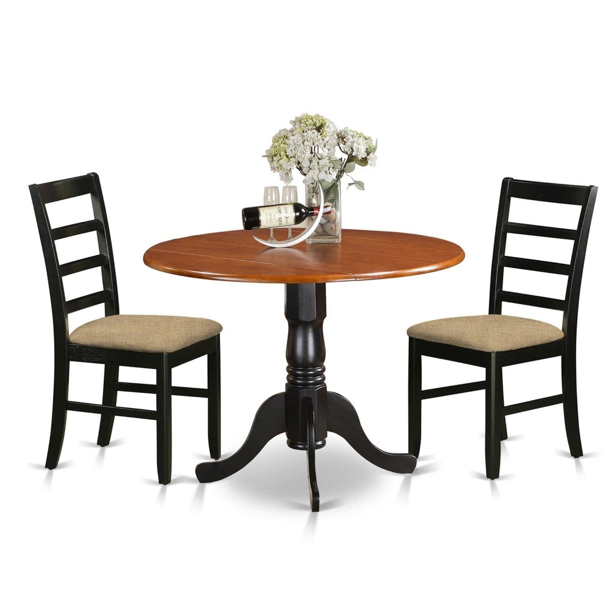 East West Furniture DLPF3-BCH-C 3 Piece Dining Set Contains a Round Dining Room Table with Dropleaf and 2 Linen Fabric Upholstered Kitchen Chairs, 42x42 Inch, Black & Cherry