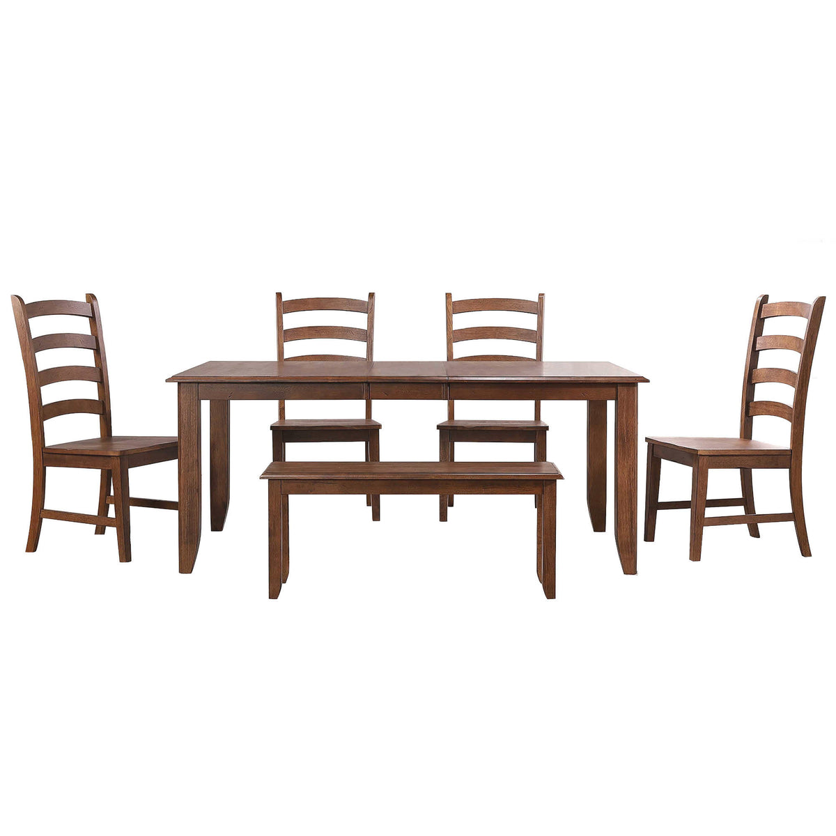 Sunset Trading Simply Brook 6 Piece 72 Inch  Rectangular Extendable Table Dining Set With Bench | 4 Slat Back Chairs | Amish Brown |