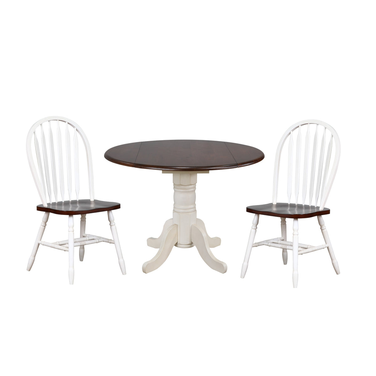 Sunset Trading Andrews 3 Piece 42 Inch  Round Extendable Dining Set | Drop Leaf Table | Antique White And Chestnut Brown | 2 Arrowbac