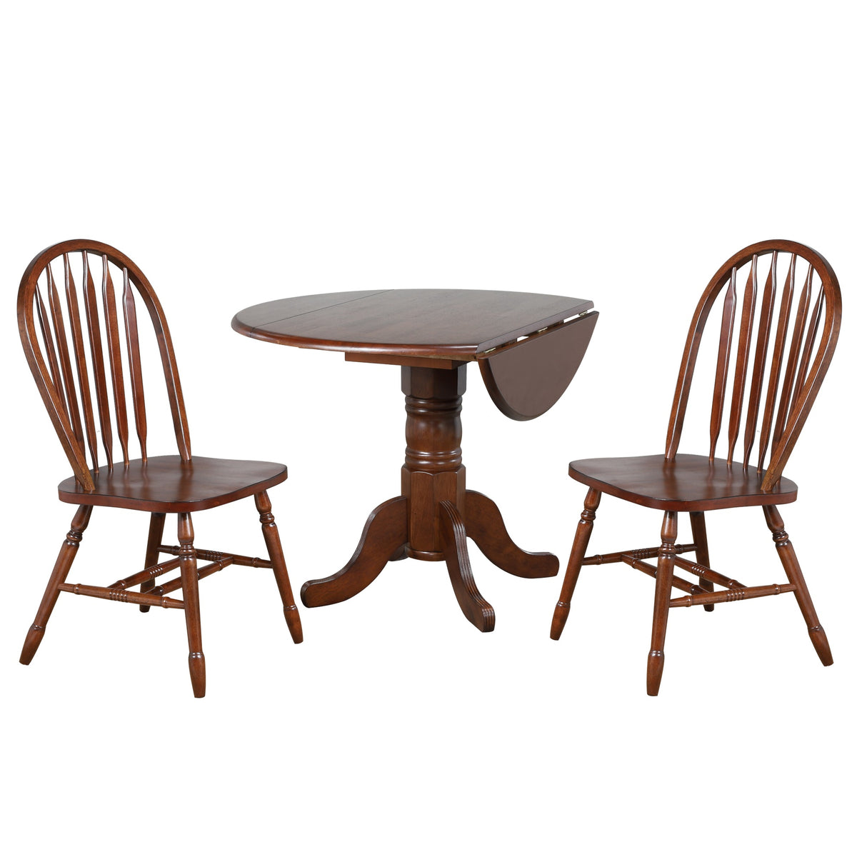 Sunset Trading Andrews 3 Piece 42 Inch  Round Extendable Dining Set | Drop Leaf Table | Chestnut Brown | 2 Arrowback Chairs| Seats 6
