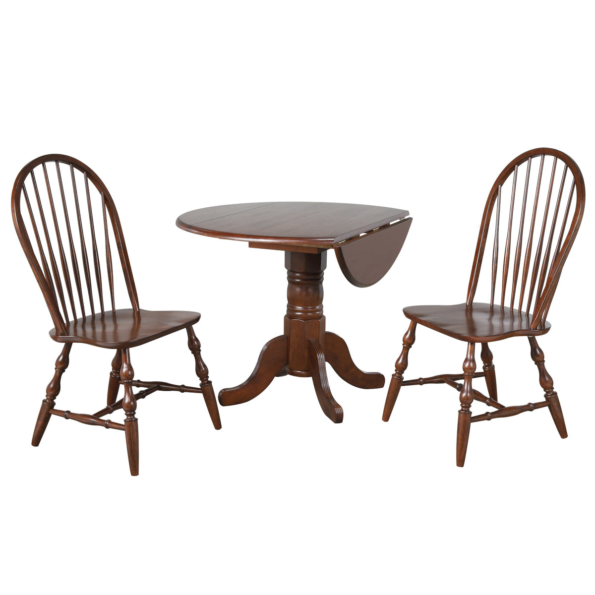 Sunset Trading Andrews 3 Piece 42 Inch  Round Drop Leaf Dining Set | Antique White And Chestnut Brown | Spindleback Chairs | Seats 6