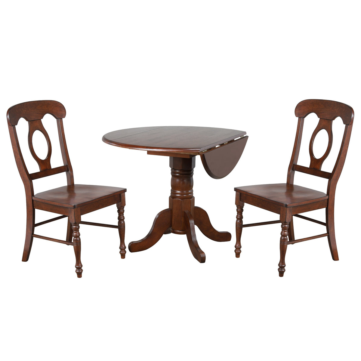 Sunset Trading Andrews 3 Piece 42 Inch  Round Drop Leaf Dining Set | Chestnut Brown | Napoleon Chairs | Seats 6