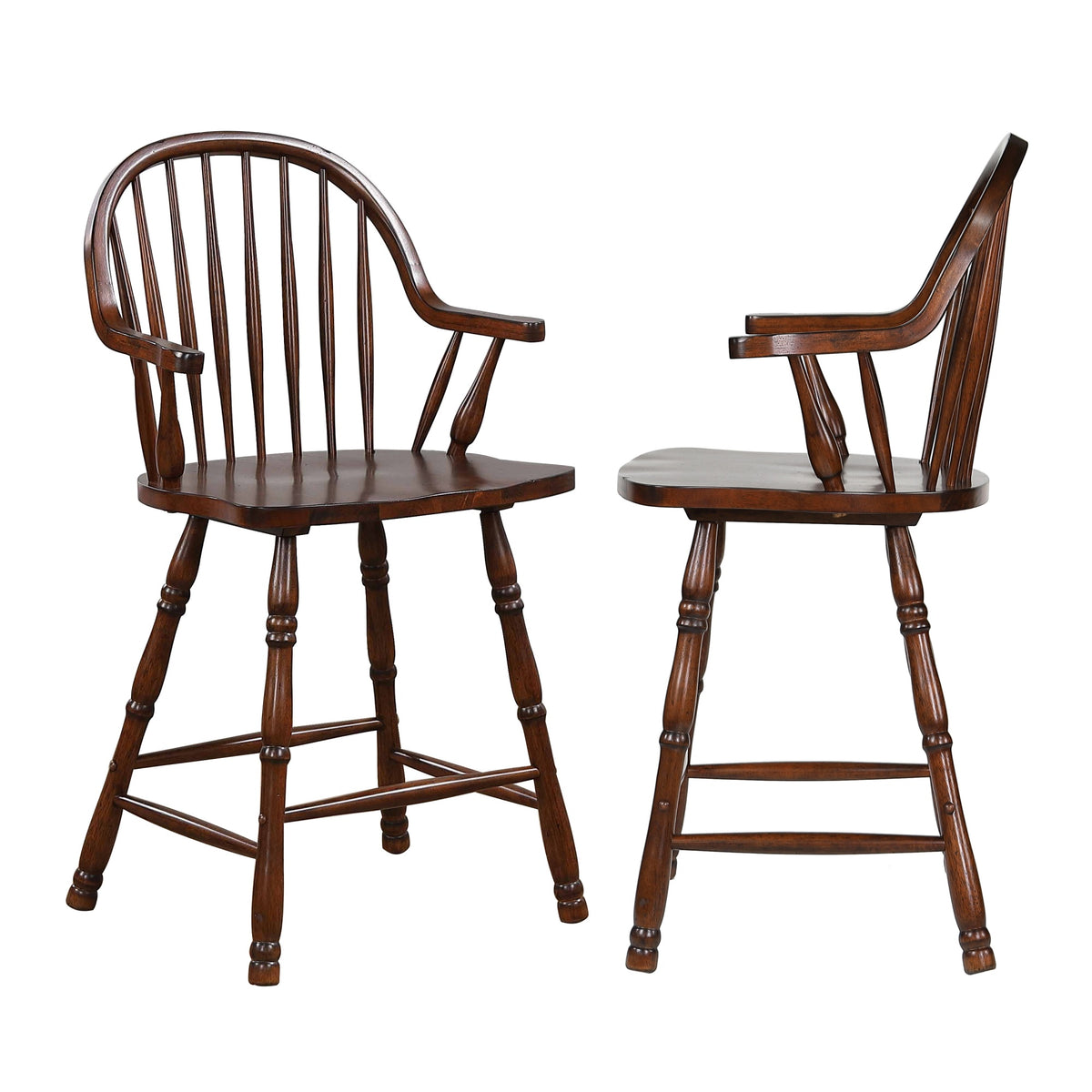 Sunset Trading Andrews 24 Inch  Windsor Barstool With Arms | Counter Height Stool | Distressed Chestnut Brown | Set Of 2